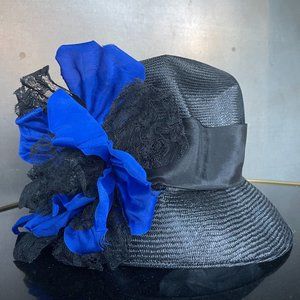 Vintage Louise Green Sinamay Straw Black Flower Hat